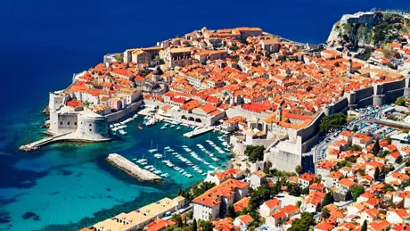Aerial view of old town Dubrovnik on sunny day, Croatia