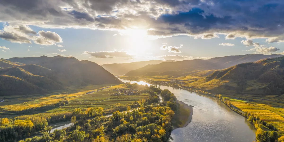 Autumn Wachau valley (UNESCO) during sunset with Danube river near the Durnstein village in Lower Austria, Austria