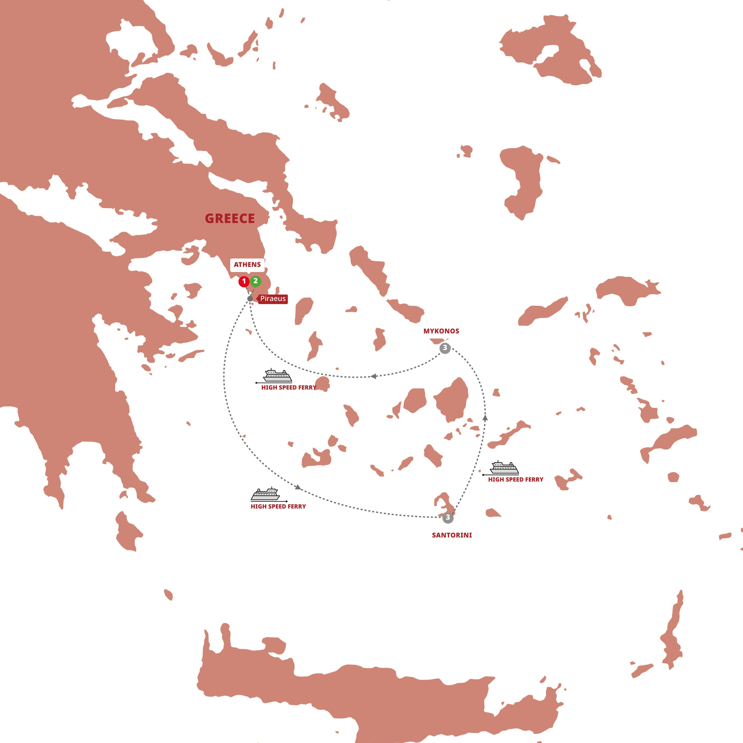 A map highlighting different stops on the Trafalgar Greek Island Hopper tour