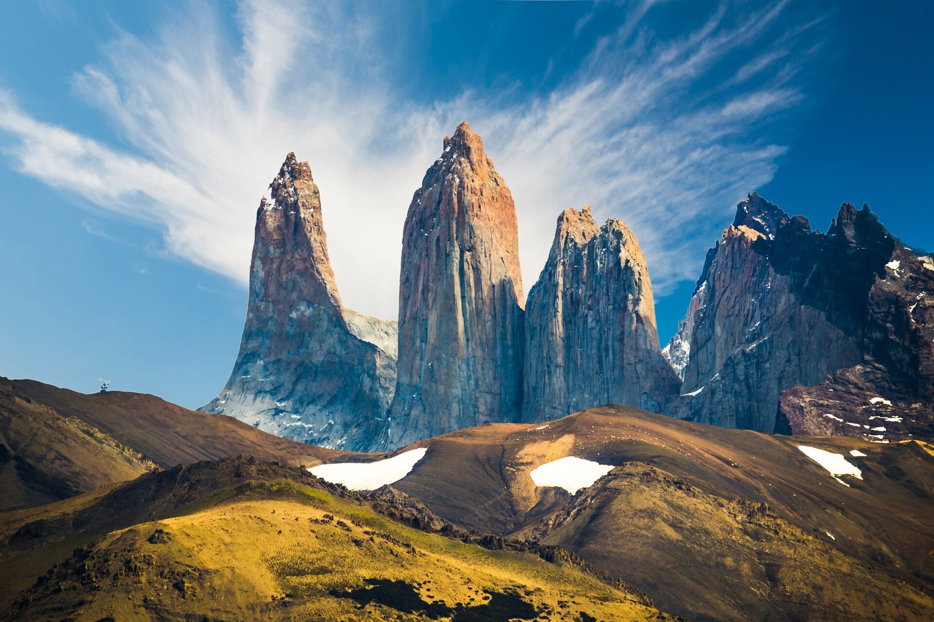 Landscape of Torres Del Paine National Park on a sunny day, Patagonia, Chile