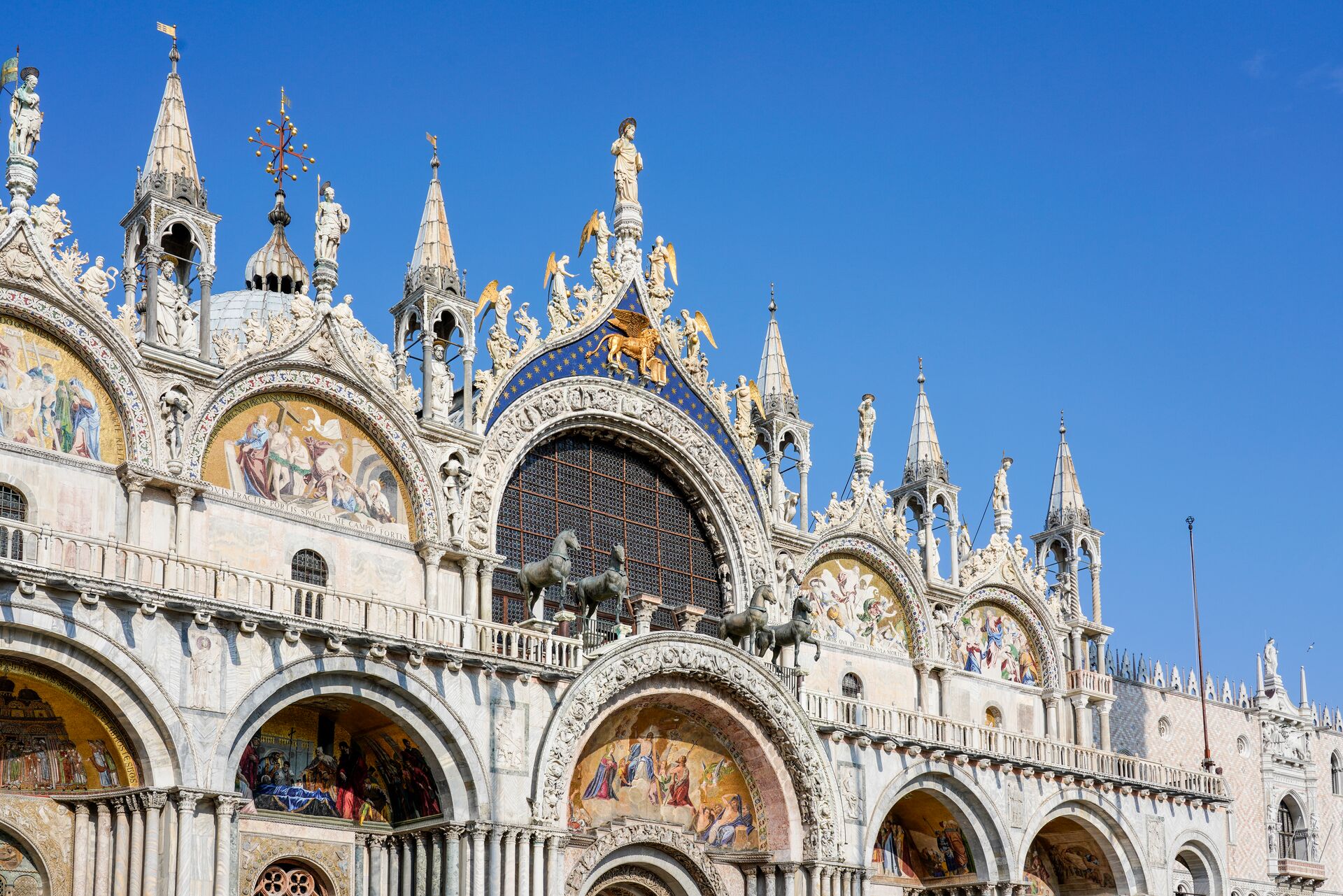 The ornate facade of Saint Marks Basilica in Venice, Italy