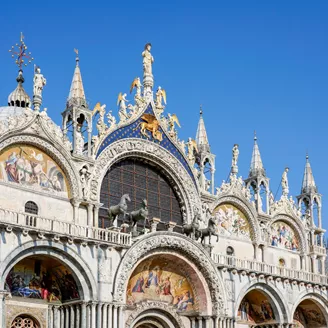 The ornate facade of Saint Marks Basilica in Venice, Italy