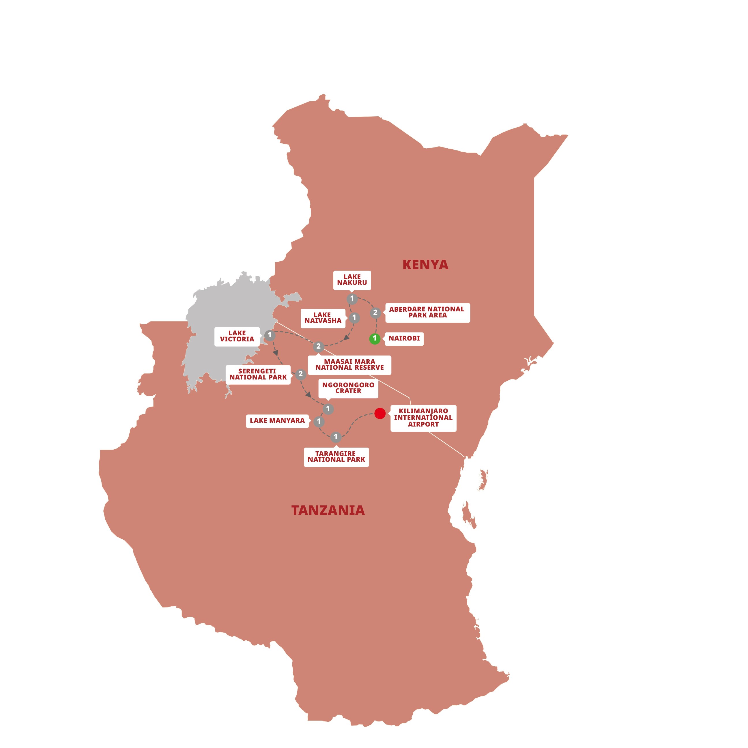 A map highlighting different stops on the Trafalgar's Kenya & Tanzania Safari Adventure tour