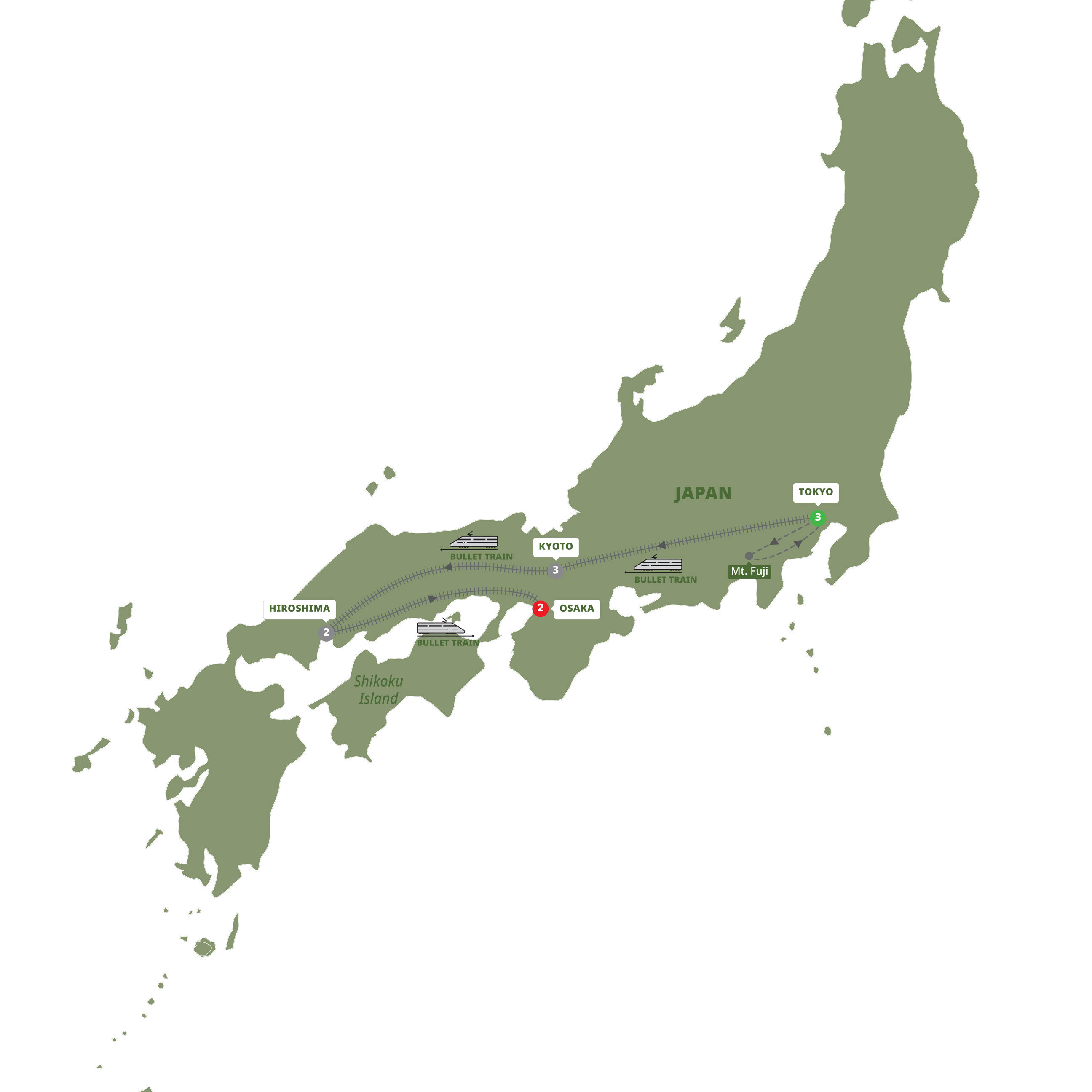 A map highlighting different stops on the Trafalgar's Classic Japan tour