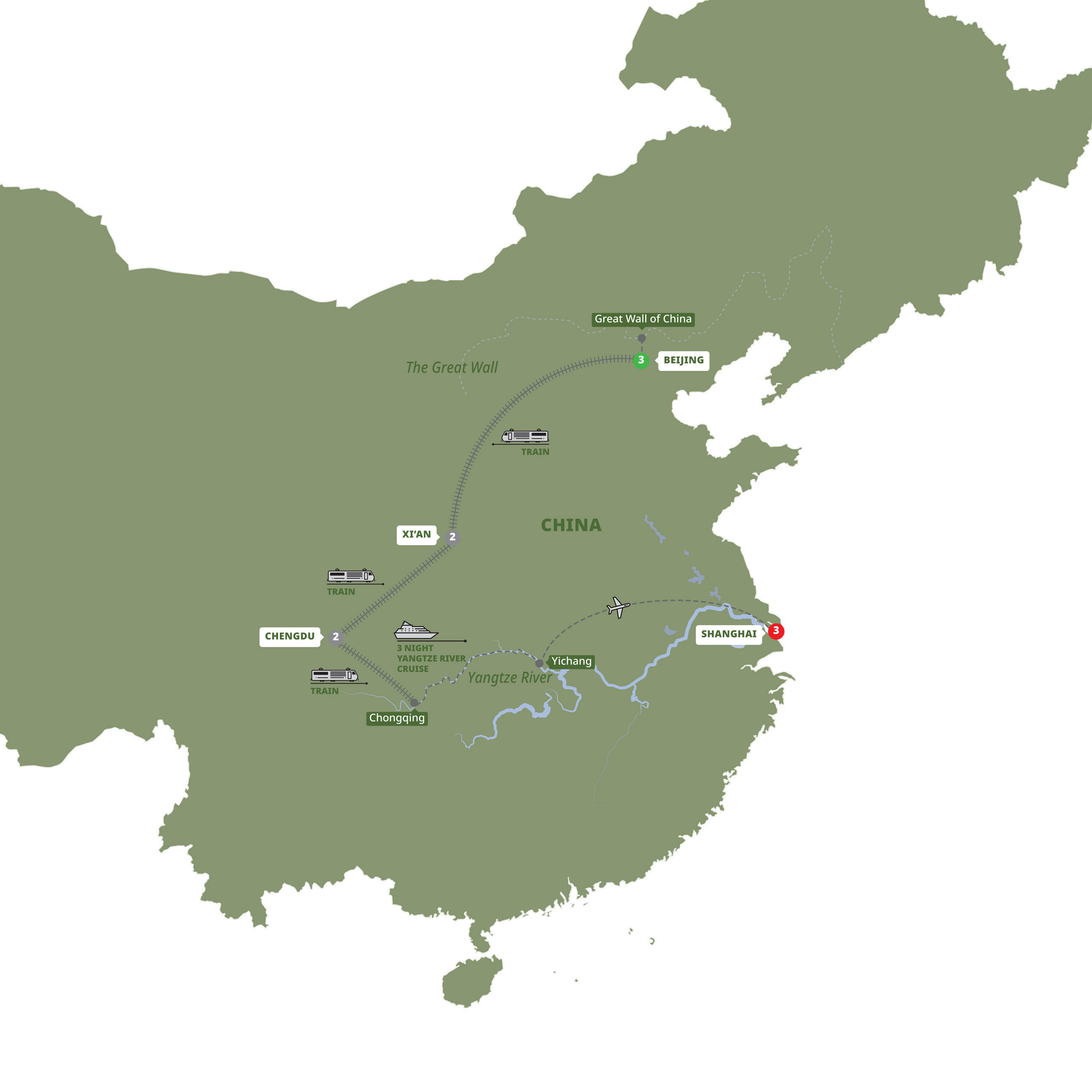 Best of China with Yangtze Cruise Guided Tour Map 2027