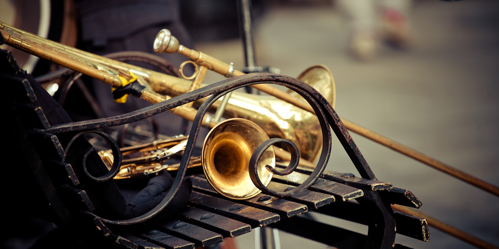 Trombone lying on wooden bench in New Orleans, USA