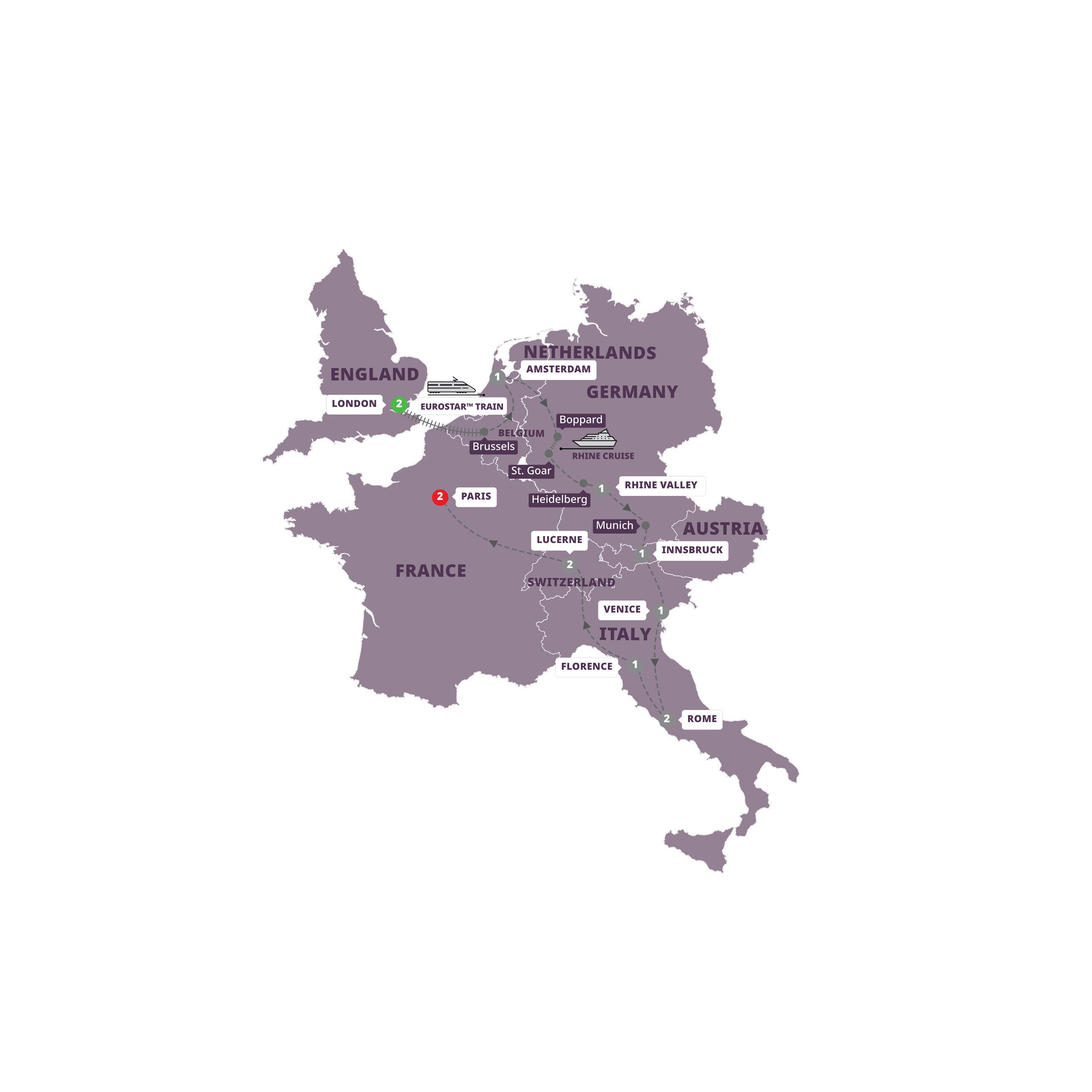 A map highlighting different stops on the Trafalgar's European Whirl tour