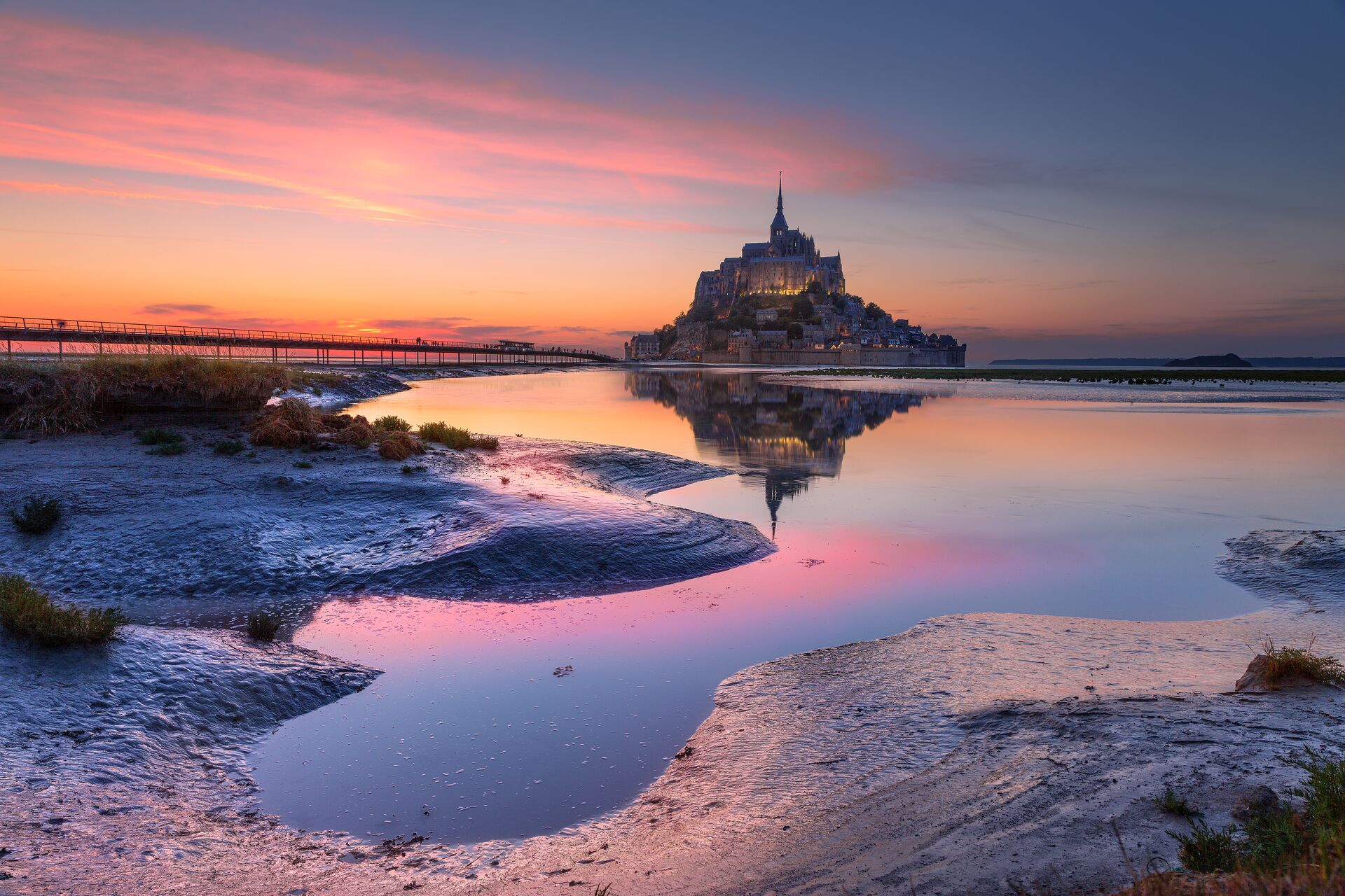 Mont Saint Michel in Brittany, France at dusk