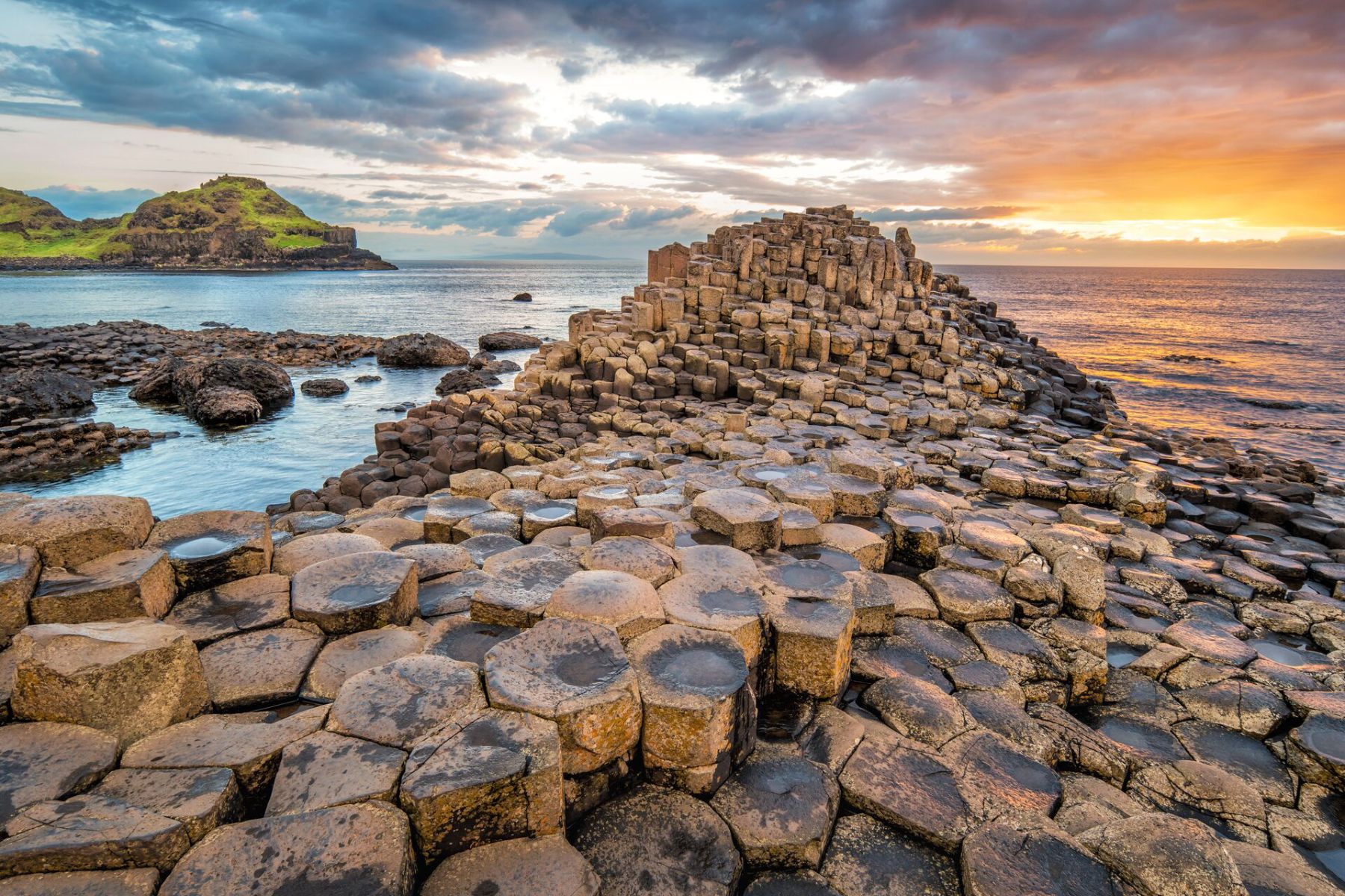Giants Causeway at sunset in Northern Ireland, UK