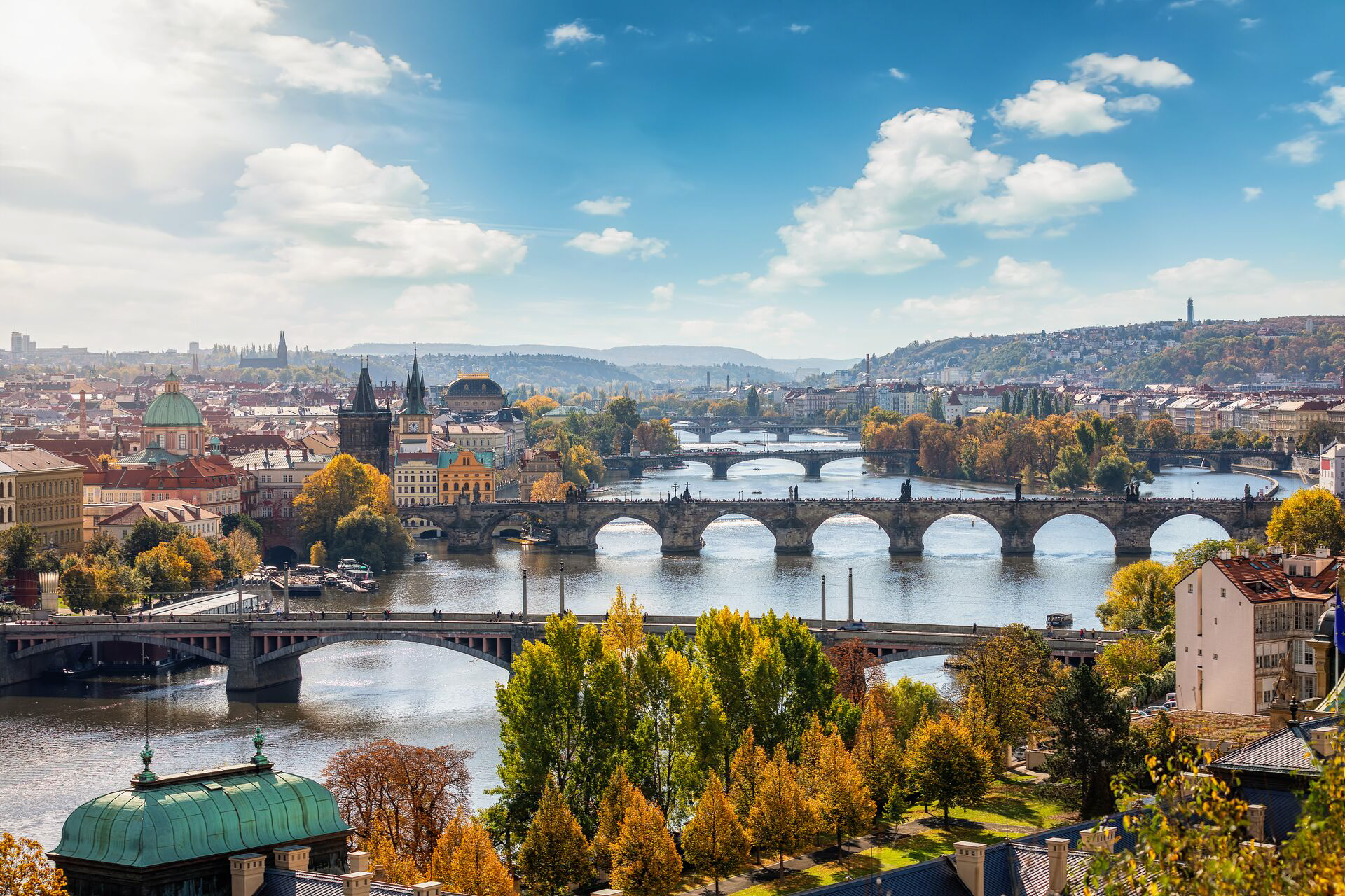 Landscape of Charles Bridge and the Vltava river in Prague, Czech Republic