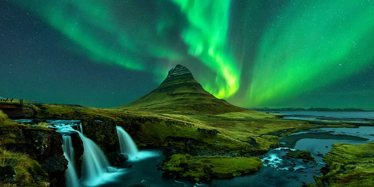 Northern Lights around Mount Kirkjufell in Iceland