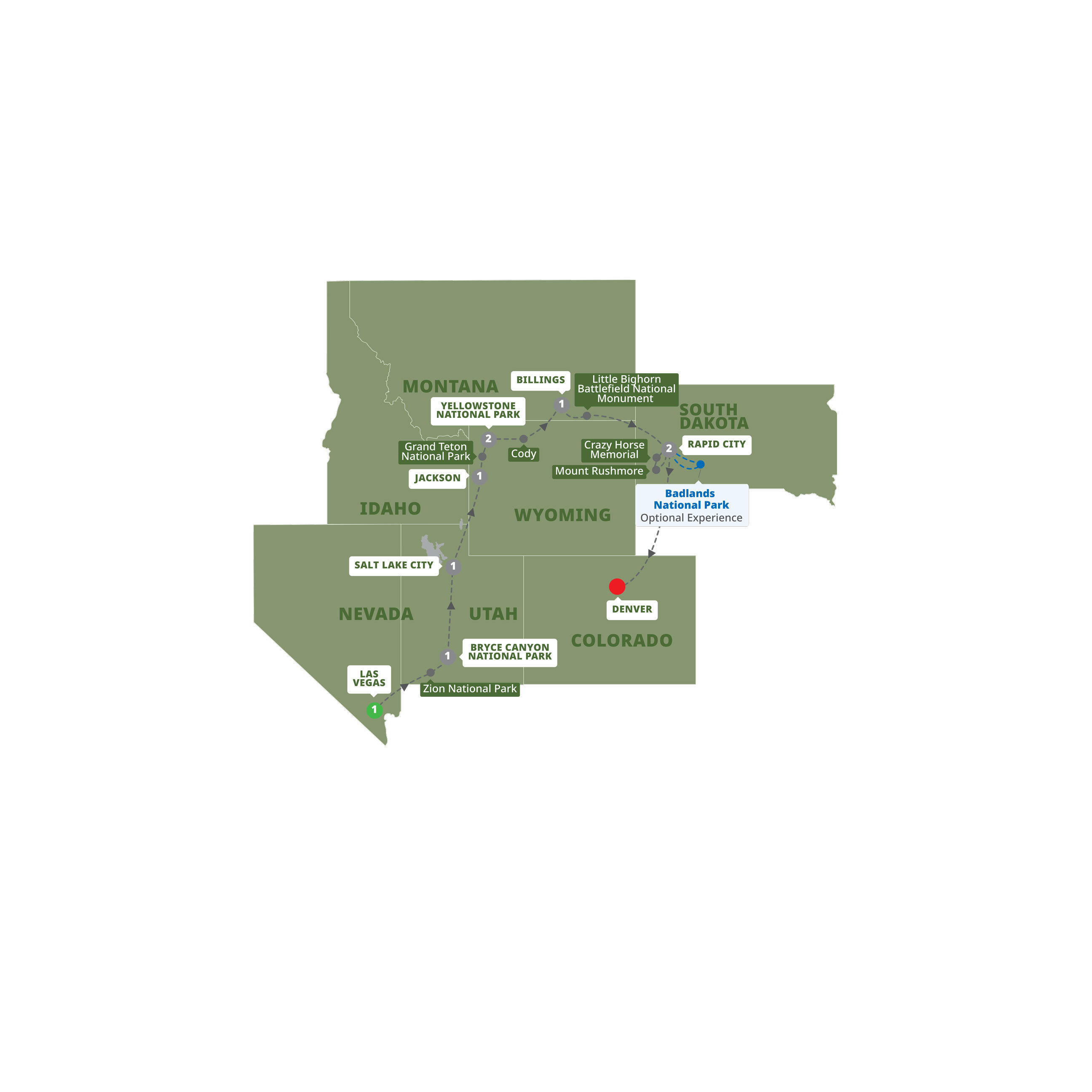 Western Frontiers Las Vegas Denver Guided Tour Map 2027