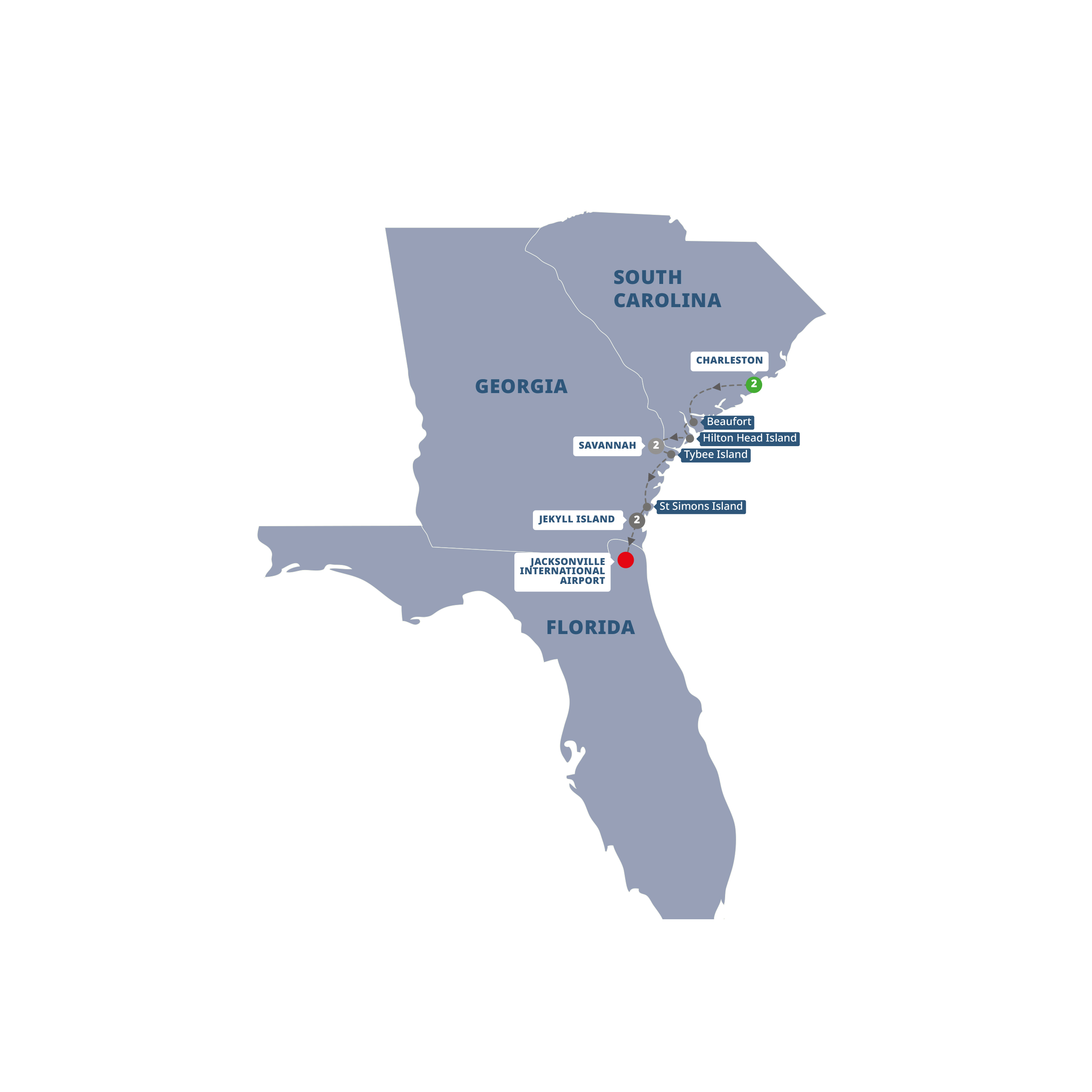 Charms of Southeast USA Guided Tour Map 2025