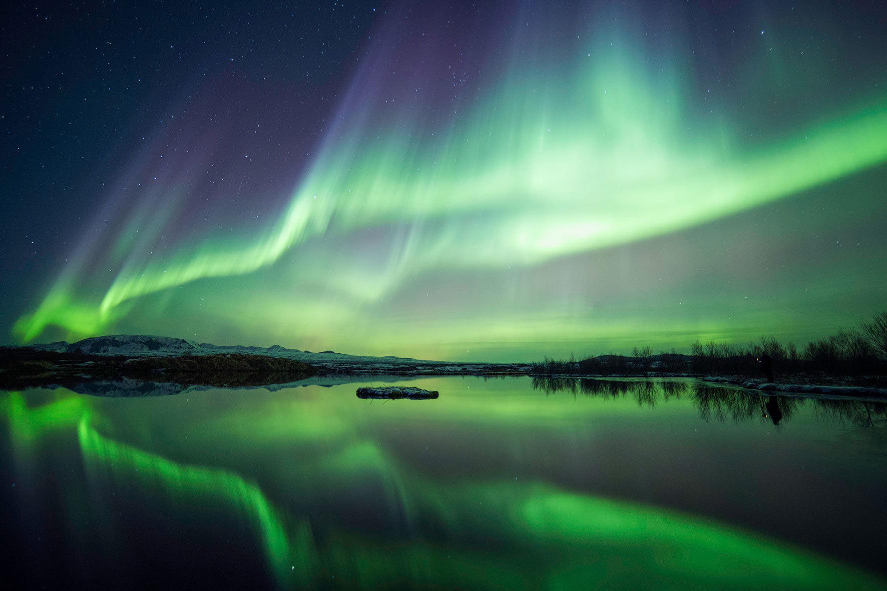 Northern Lights Over Lake, Thingvellir National Park, Iceland