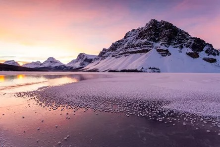 Bow Lake In Winter At Sunrise Banffnational Park Alberta Canada