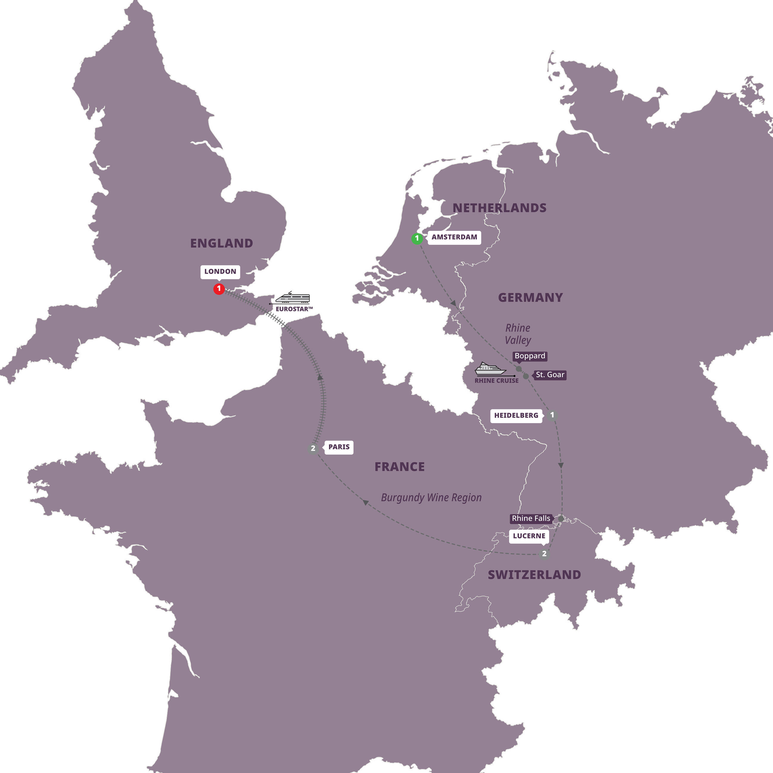 European Highlights Eurostar Option Guided Tour Map