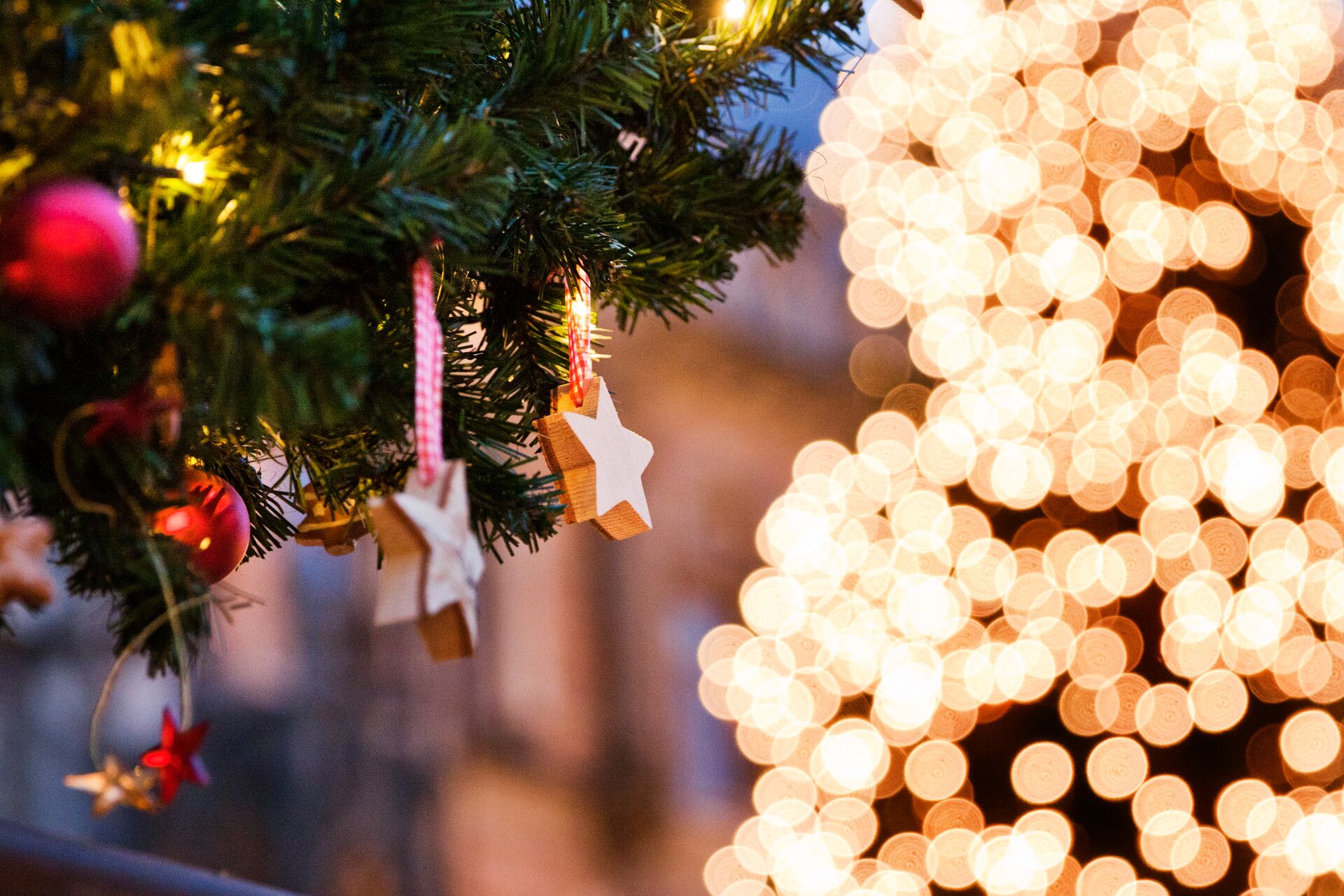 Close up image of a Christmas Tree at a traditional Christmas Market