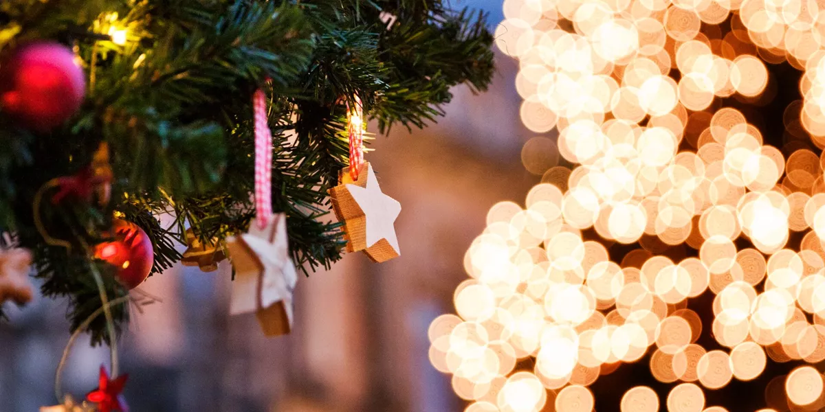 Close up image of a Christmas Tree at a traditional Christmas Market