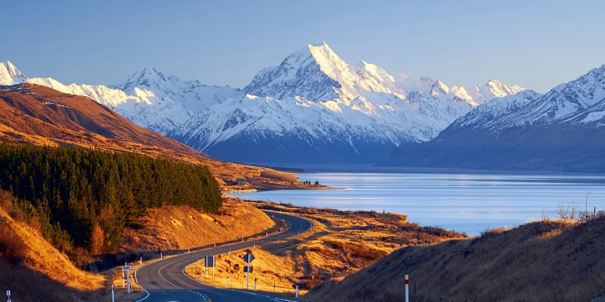 Winding road leading to Mount Cook Village, Canterbury, South Island, New Zealand