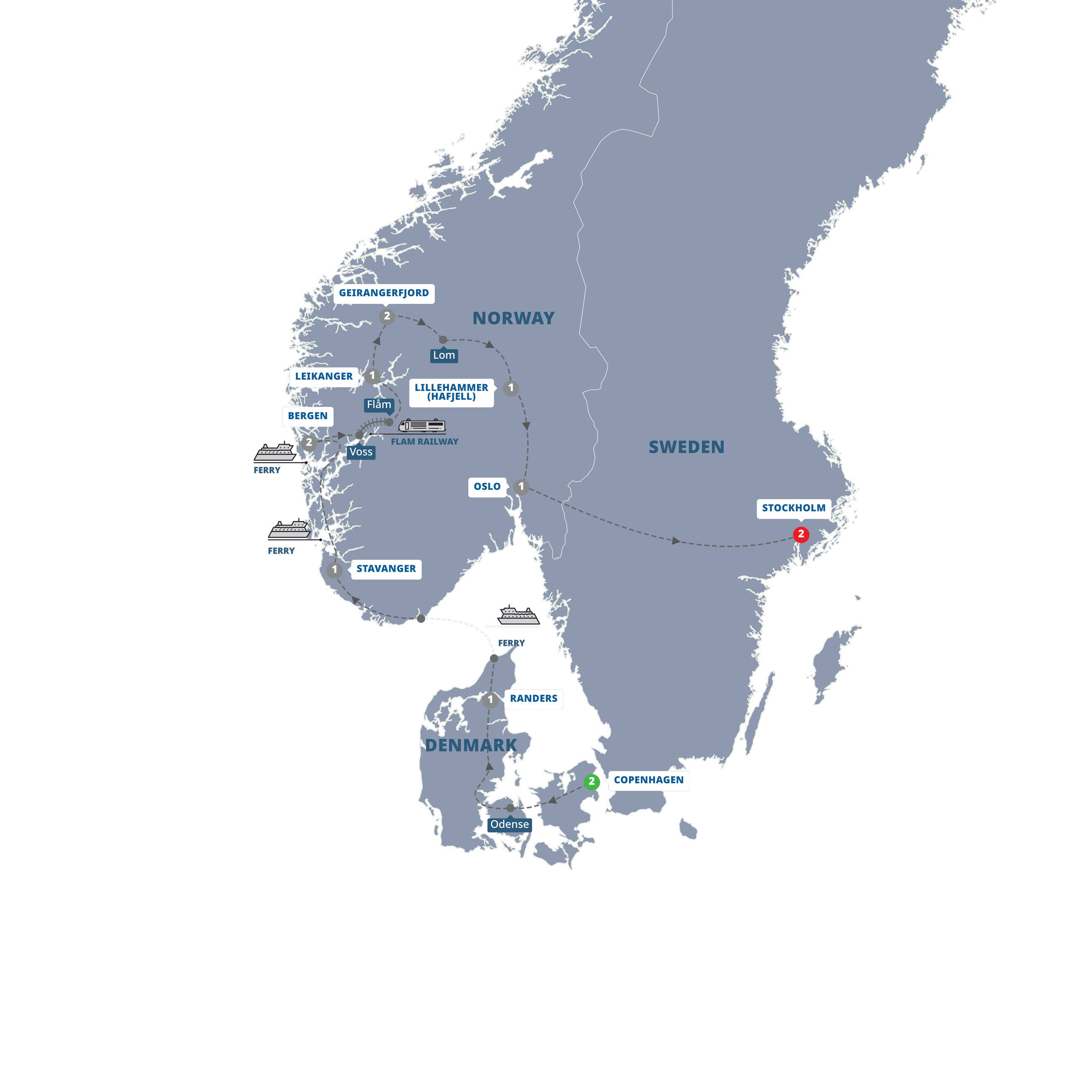 A map highlighting different stops on the Trafalgar's Scenic Scandinavia and its Fjords tour
