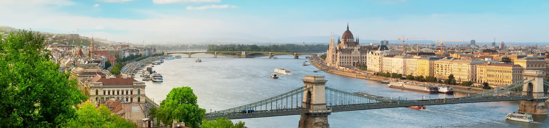 Aerial view of Budapest, Hungary withthe danube river, Széchenyi Chain Bridge and the parliament building.