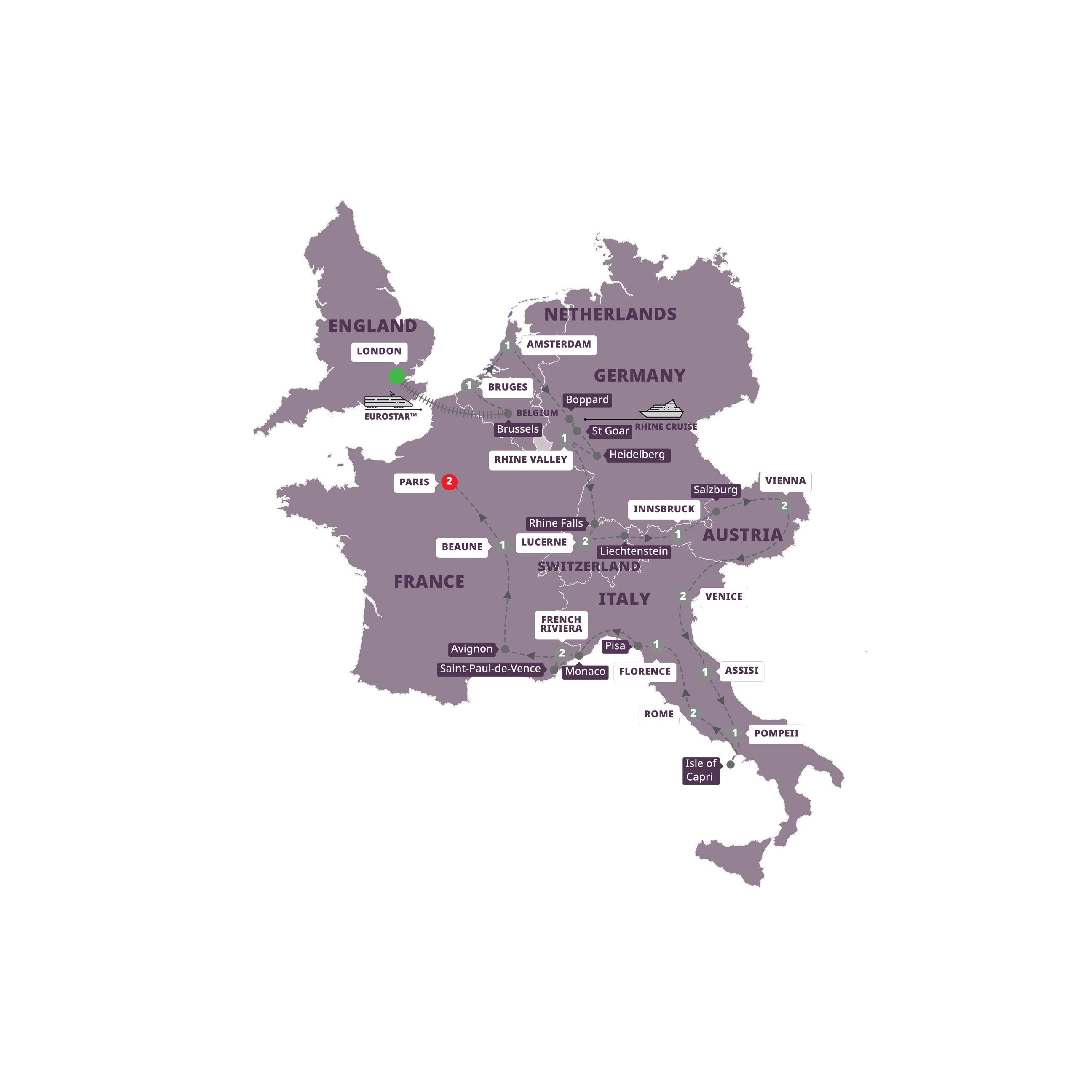 Grand European London Paris Guided Tour Map 2026