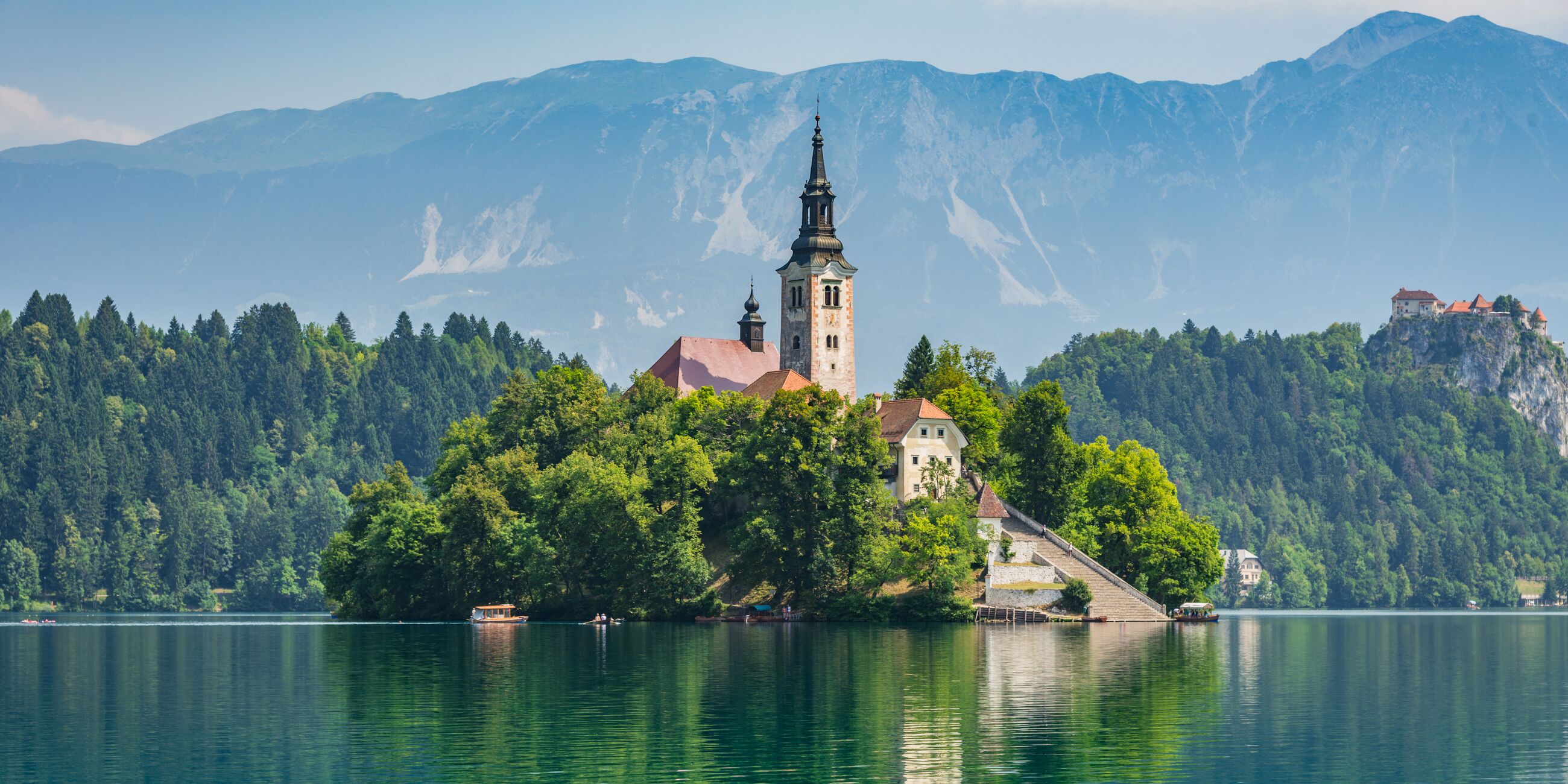 Lake Bled surrounding peninsula with Santa Maria Church in Slovenia