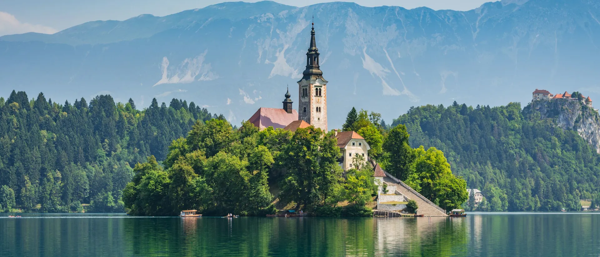 Lake Bled surrounding peninsula with Santa Maria Church in Slovenia