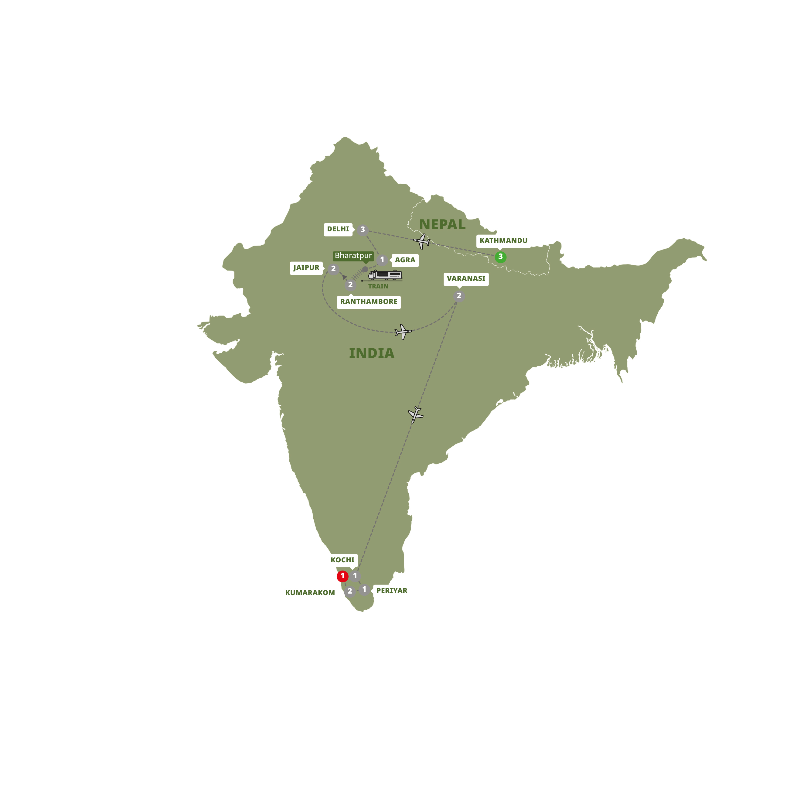 Best of India with Kerala and Nepal Guided Tour Map 2025