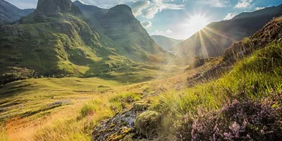 Scenic valley below the mountains of Glencoe, Highlands, Scotland