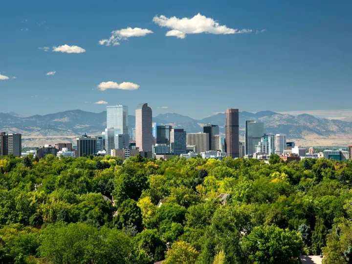 Skyline neighborhoods front range Rocky Mountains in Denver, Colorado