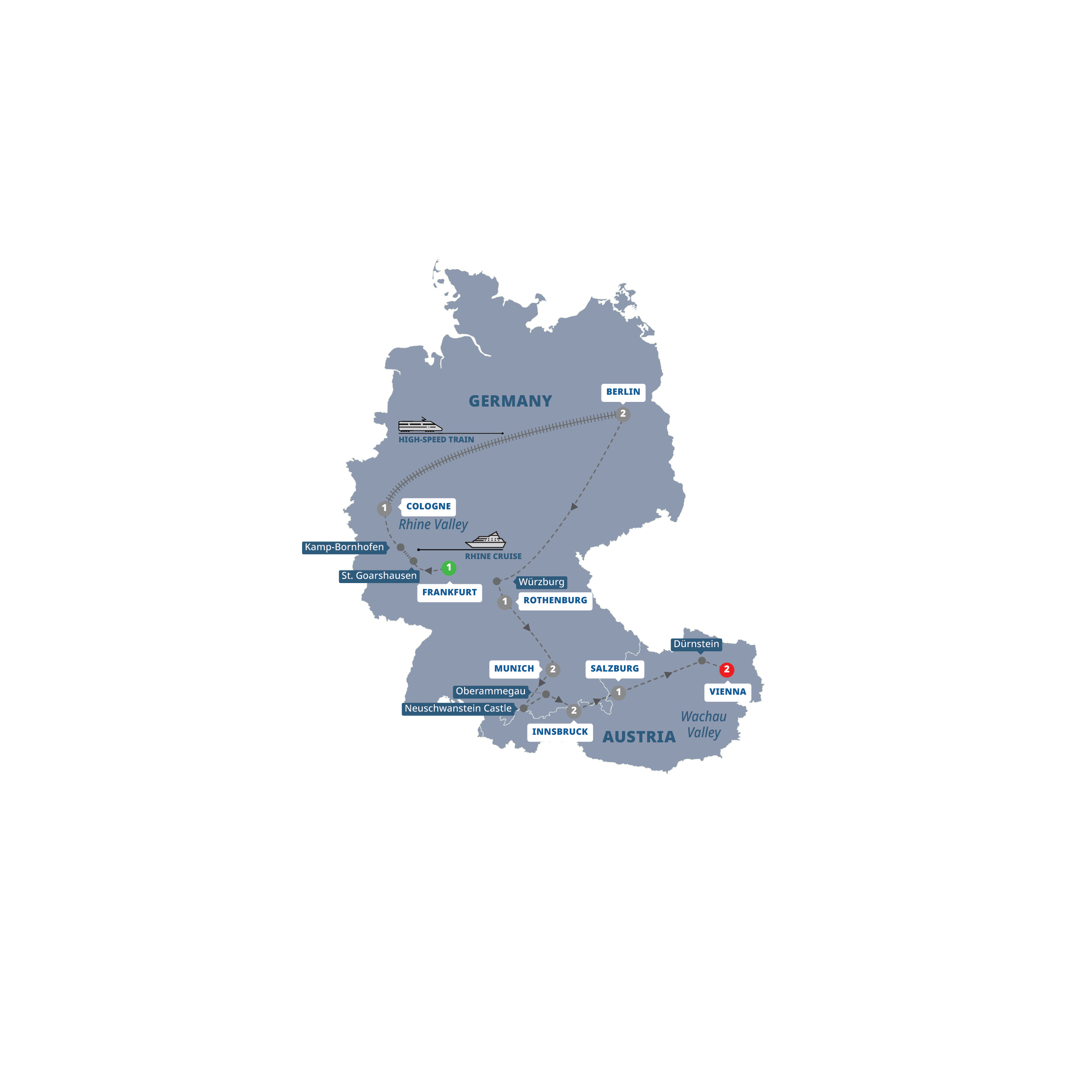 A map highlighting different stops on the Trafalgar's Best of Germany and Austria tour