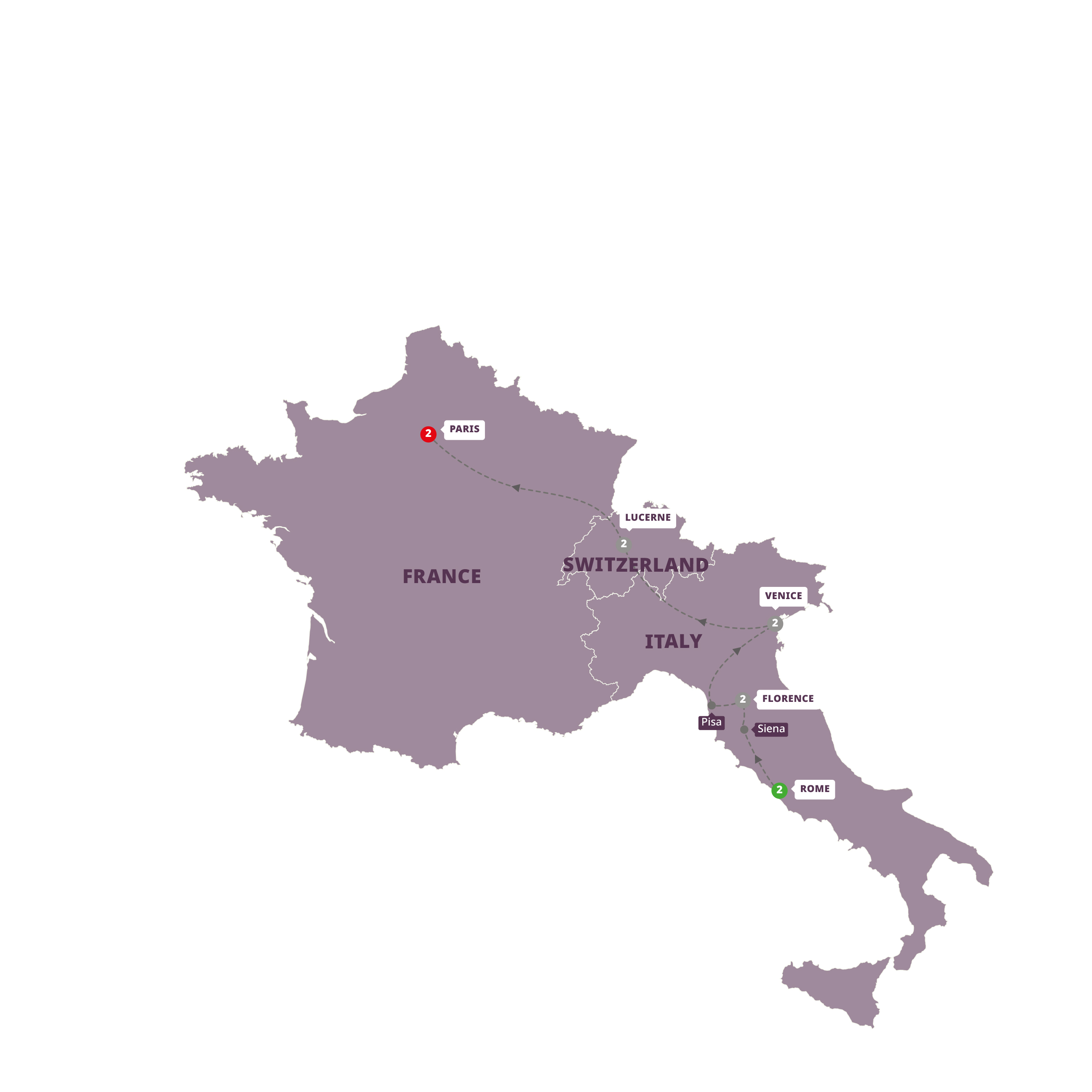 European Splendour Rome Paris Guided Tour Map 2024