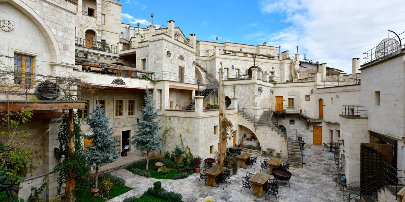 Exterior of Exedra Hotel courtyard, Cappadocia, Turkey