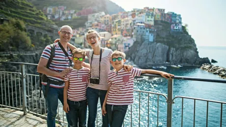 Father And Kids Sightseeing In Cinque Terre Italy