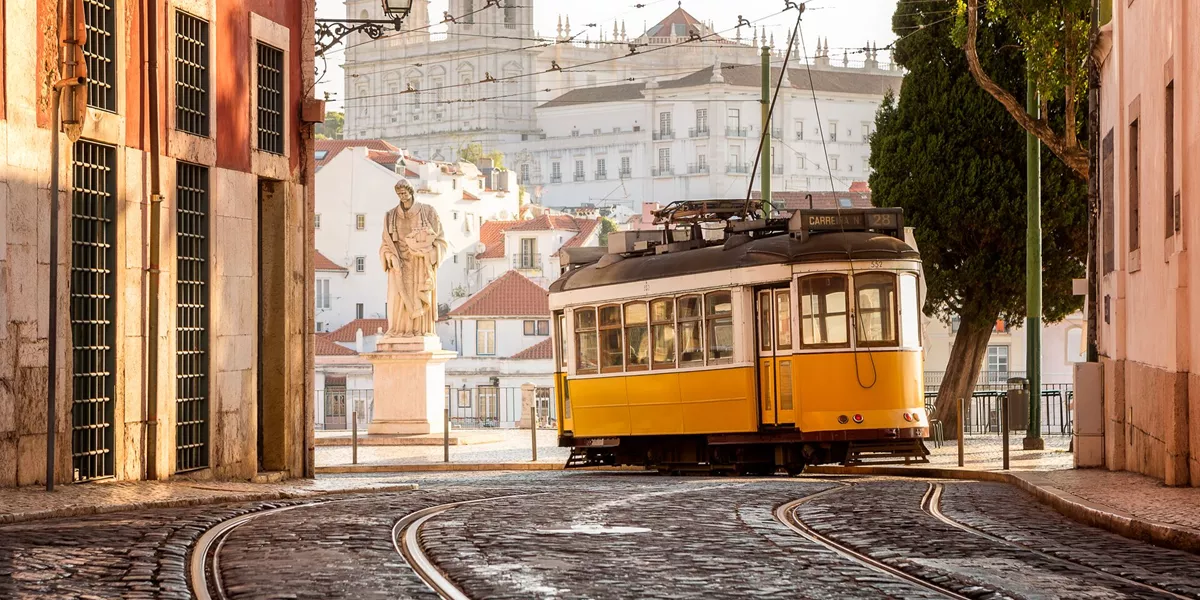A yellow tram in Lisbon, Portugal