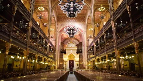 The interior of the Great Synagogue in Budapest, Hungary which was rebuilt after WWII