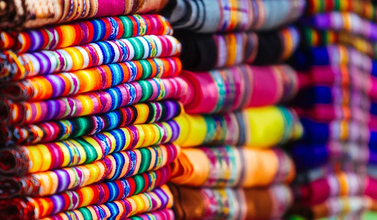  Macro Close Up Of Colorful Blankets Stacked With Andean Designs