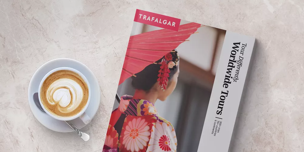zepelin tour vietnam Trafalgar worldwide brochure next to a cup of coffee