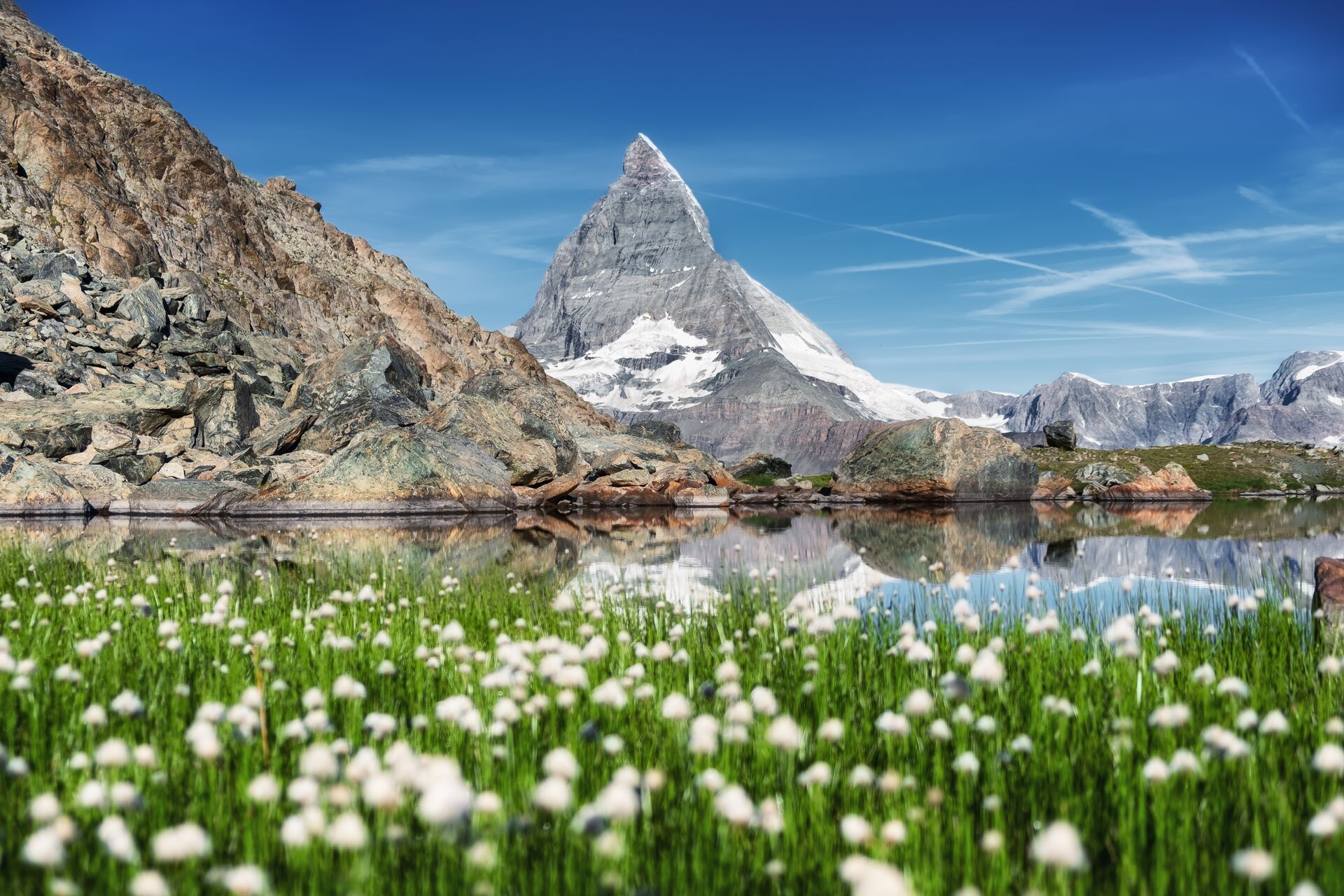 Large Matterhorn And And Grass Near Lake At The Morning Time Beautiful Natural Landscape In The Switzerland Mountains Landscape At The Summer Time 1019586118