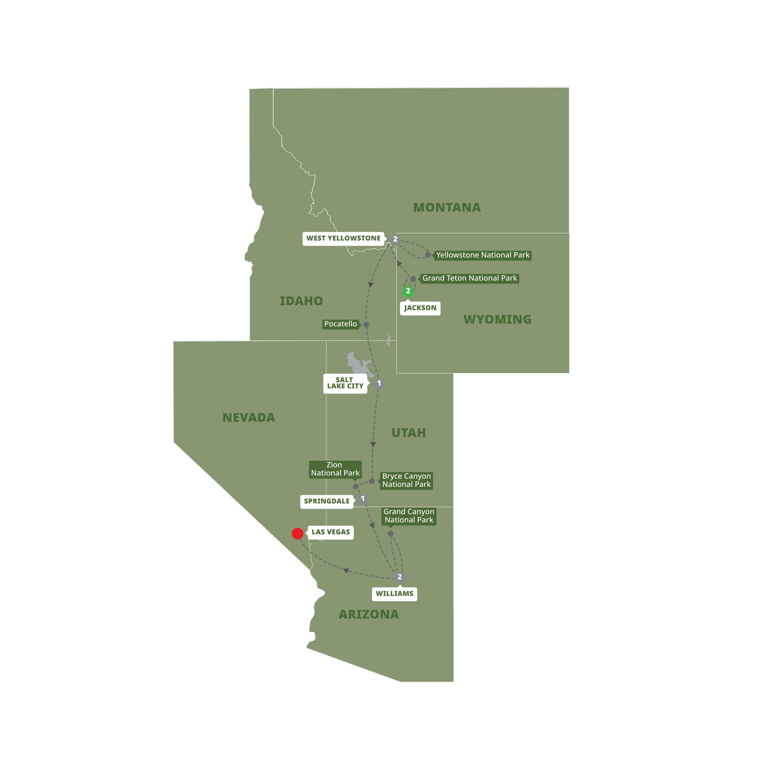 A map highlighting different stops on the Trafalgar Five Epic National Parks tour
