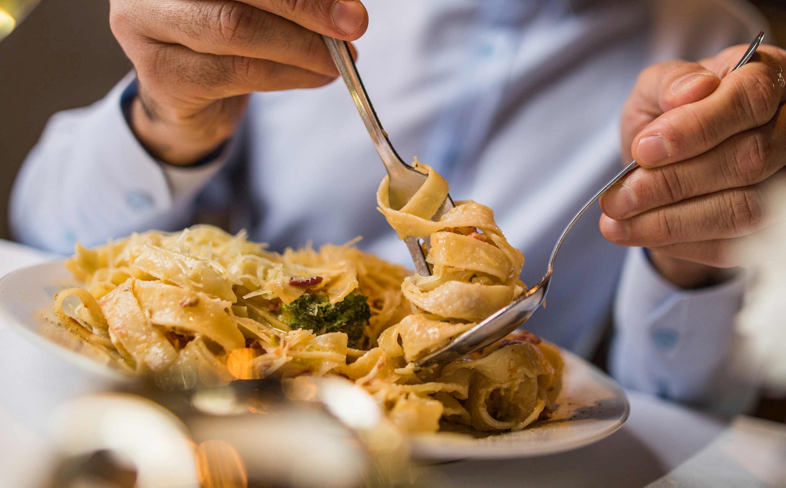 A close-up of a pasta dinner in Parma, Italy