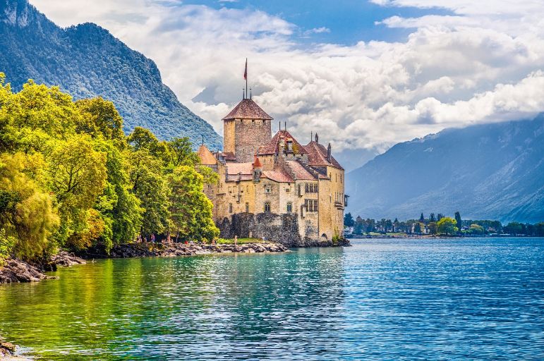 Chateau De Chillon At Lake Geneva Canton Of Vaud Switzerland