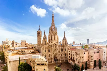 Aerial View Of Barcelona Skyline With Barcelona Cathedral, Catalonia, Spain