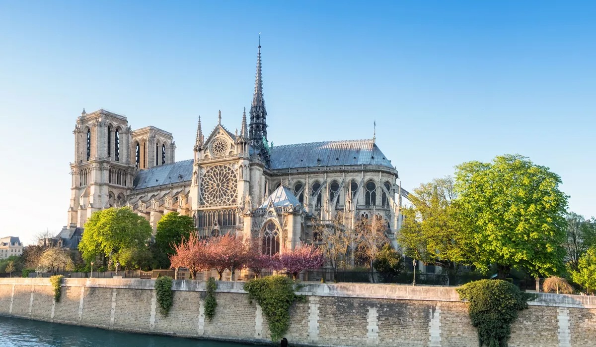 Notre Dame Cathedral in Paris on a bright afternoon in spring