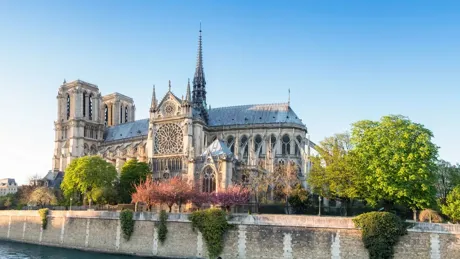 Notre Dame Cathedral in Paris on a bright afternoon in spring