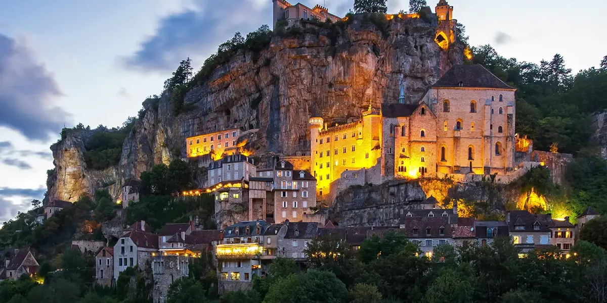 Old town of Rocamadour at twilight