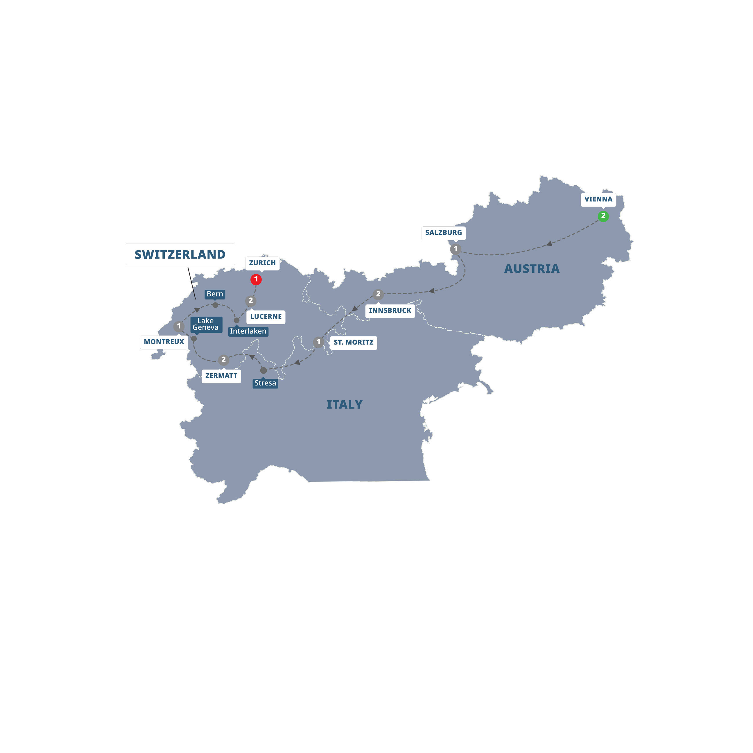 A map highlighting different stops on the Trafalgar Switzerland and Austria tour
