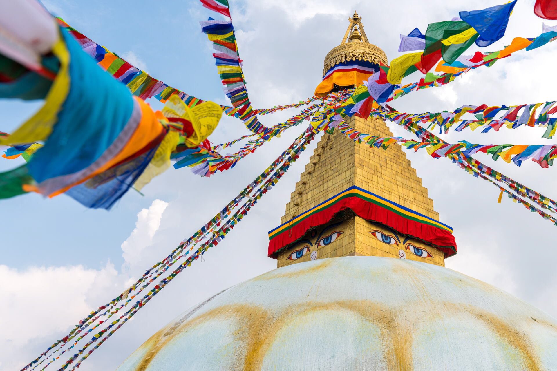 Boudhanath Stupa and prayer flags in Kathmandu, Nepal