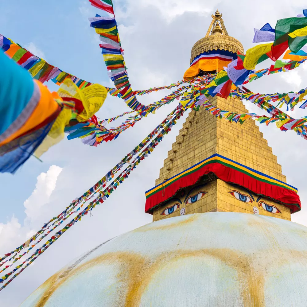 Boudhanath Stupa and prayer flags in Kathmandu, Nepal